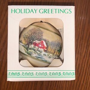 Vtg Holiday Greetings “Early Winter” white satin Christmas tree ornament